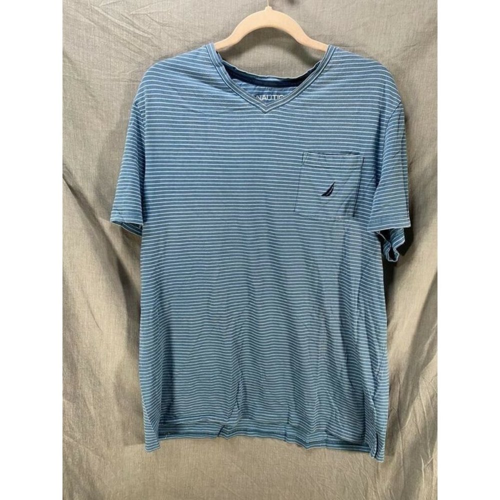 Nautica Shirt Adult 2XL Blue White Striped V-Neck Short Sleeve Pullover Tee Mens